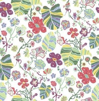 A whimsical seamless pattern featuring colorful hand-drawn flowers and stylized, striped leaves on a white background.