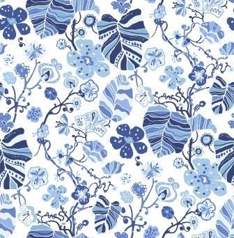 Seamless pattern of blue floral and leaf illustrations in various shades on a white background.