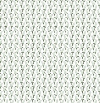 A repeating wallpaper pattern featuring stylized light green sprigs with small, dark grey buds on a white background.
