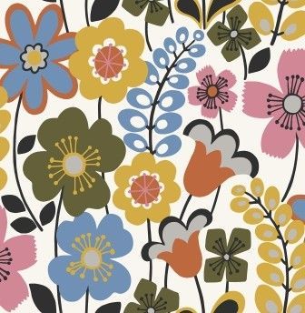 Mid-century modern floral pattern with stylized pink, blue, yellow, and olive green flowers and leaves on white.