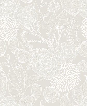 A seamless pattern of white line-art flowers, buds, and leaves against a soft beige background.