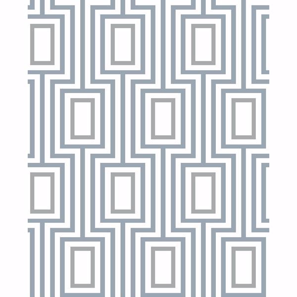 Geometric wallpaper pattern in blue, gray, and white. Repeating rectangular shapes connected by vertical lines.
