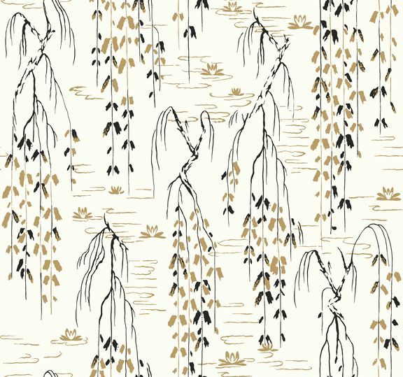 Creamy background with black and gold weeping willow branches and lily pads.