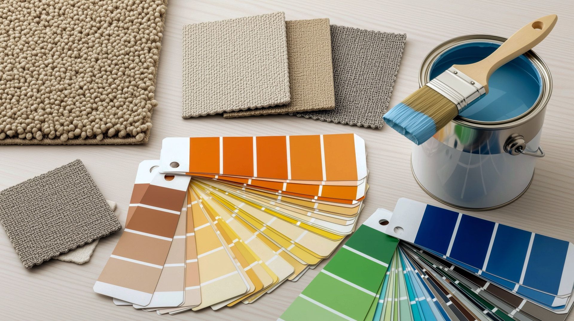 Interior design flat lay with paint color swatches, fabric samples, and other painting supplies.