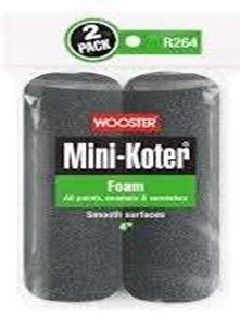 Two black Wooster Mini-Koter foam paint roller refills in a clear plastic package.