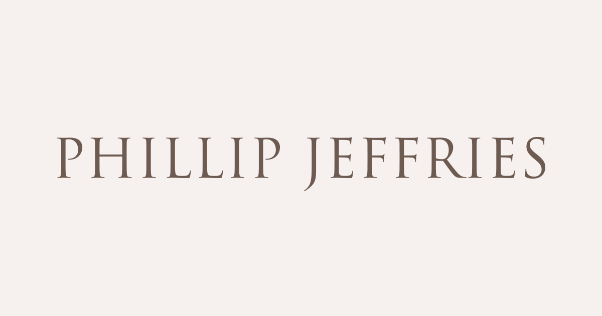 Phillip Jeffries logo, brown text on a cream-colored background.