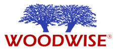Logo of "Woodwise" with two blue trees above red text.