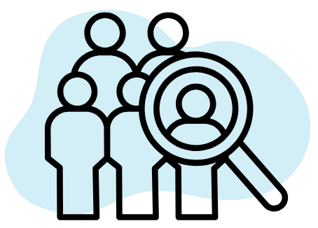 A group of people standing next to each other with a magnifying glass.
