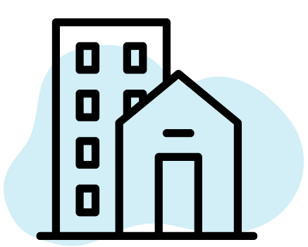 A line drawing of a building with a house in front of it.