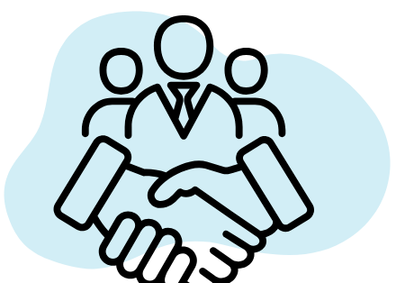 A line drawing of a group of people shaking hands.