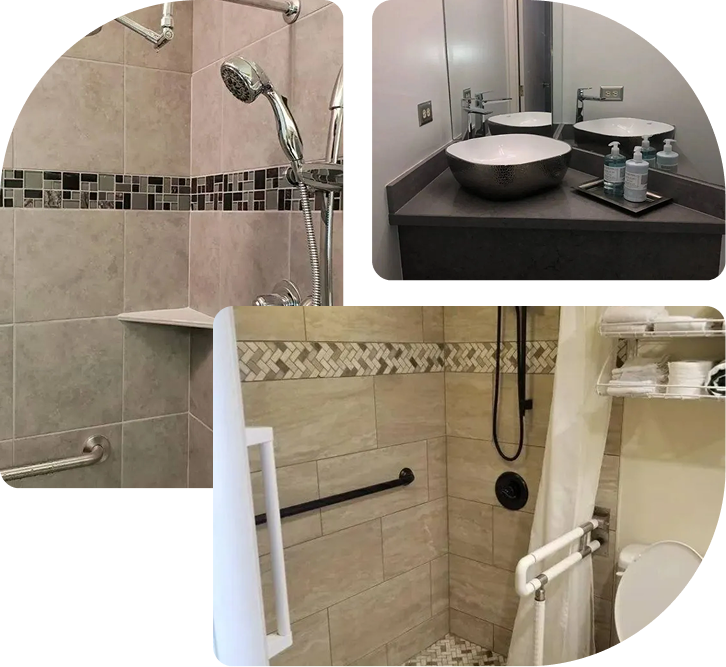 Bathroom collage showing tiled shower, vanity sink, and grab bars for accessibility