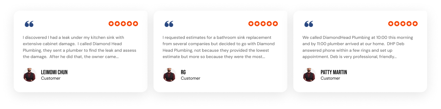 Three small review cards with blue quote icons and orange star ratings on a white background.