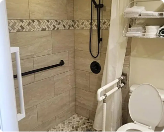Accessible bathroom with roll-in shower, grab bars, curtain, shelves, and toilet
