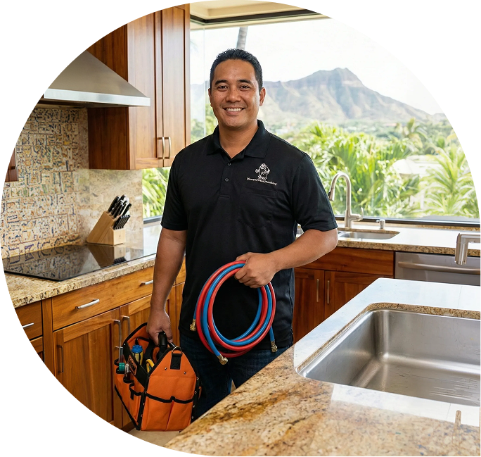 Technician holding coiled hoses and tool bag in a bright kitchen with mountain view from the window