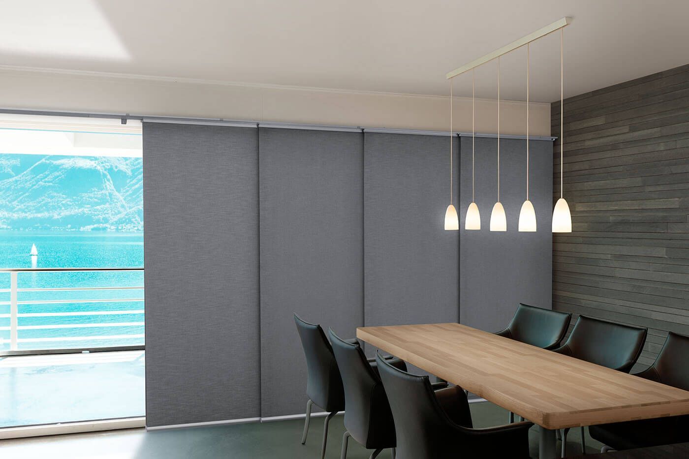 modern dining room in Ballina with grey internal blinds