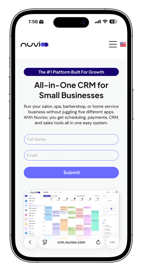 Mobile phone screen displaying a CRM landing page with a form to sign up.