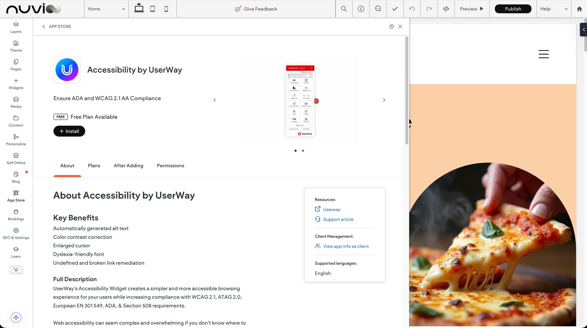 Webpage layout showing text, a calculator, and a mobile view with a pizza slice.