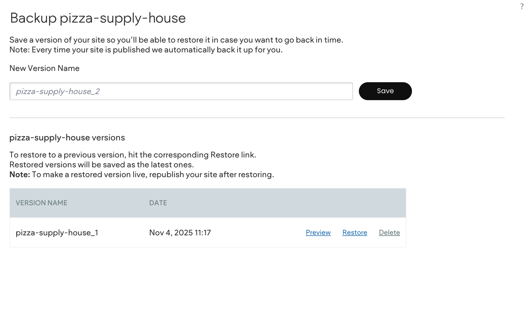 Backup puzzle-supply-house interface with version history and new version input.
