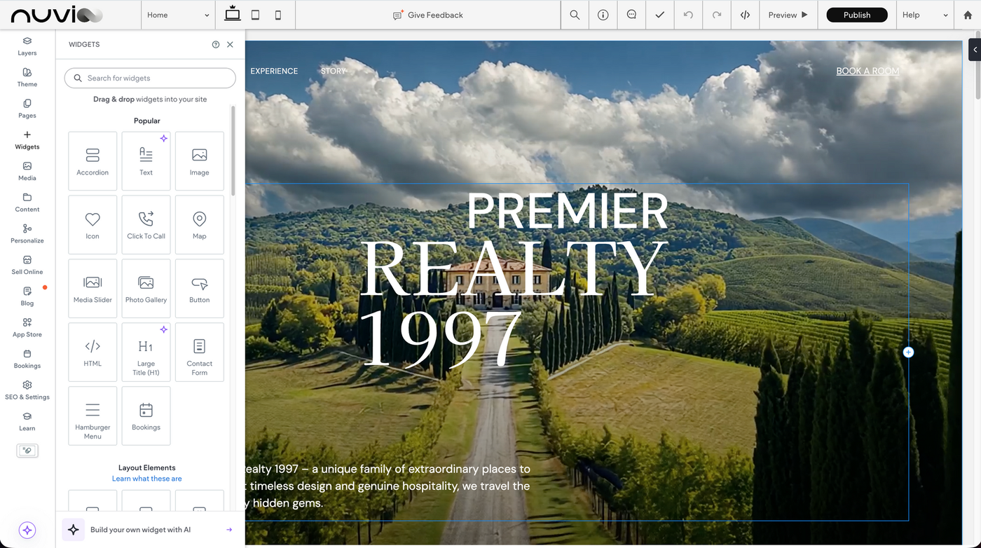 Website editor displaying text