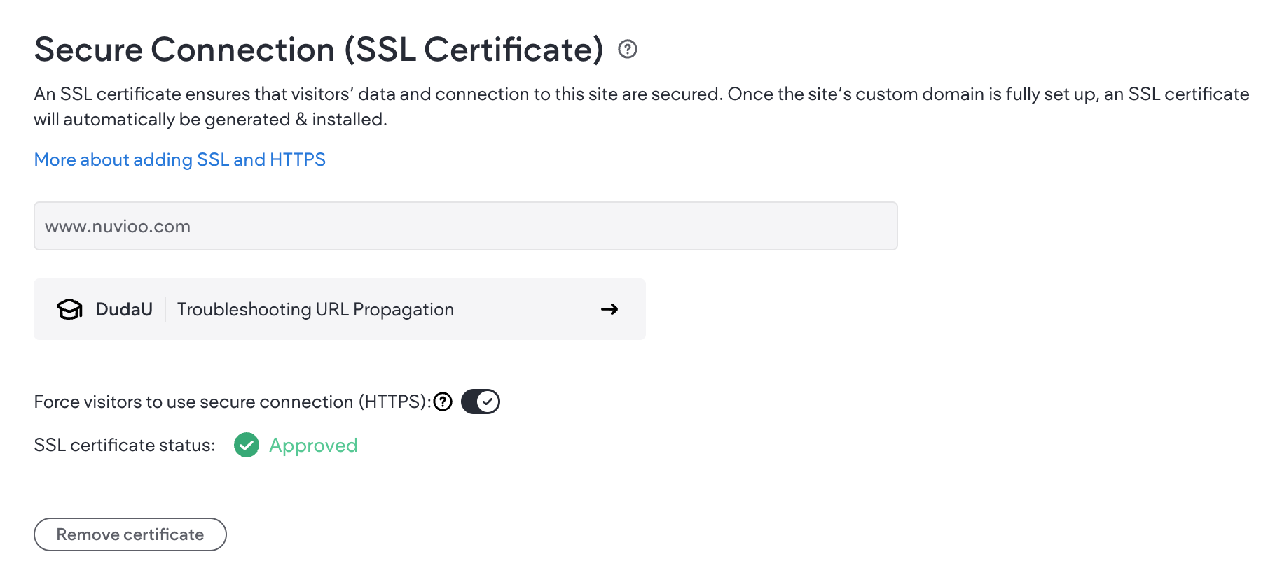 Secure connection settings with URL details and toggle.