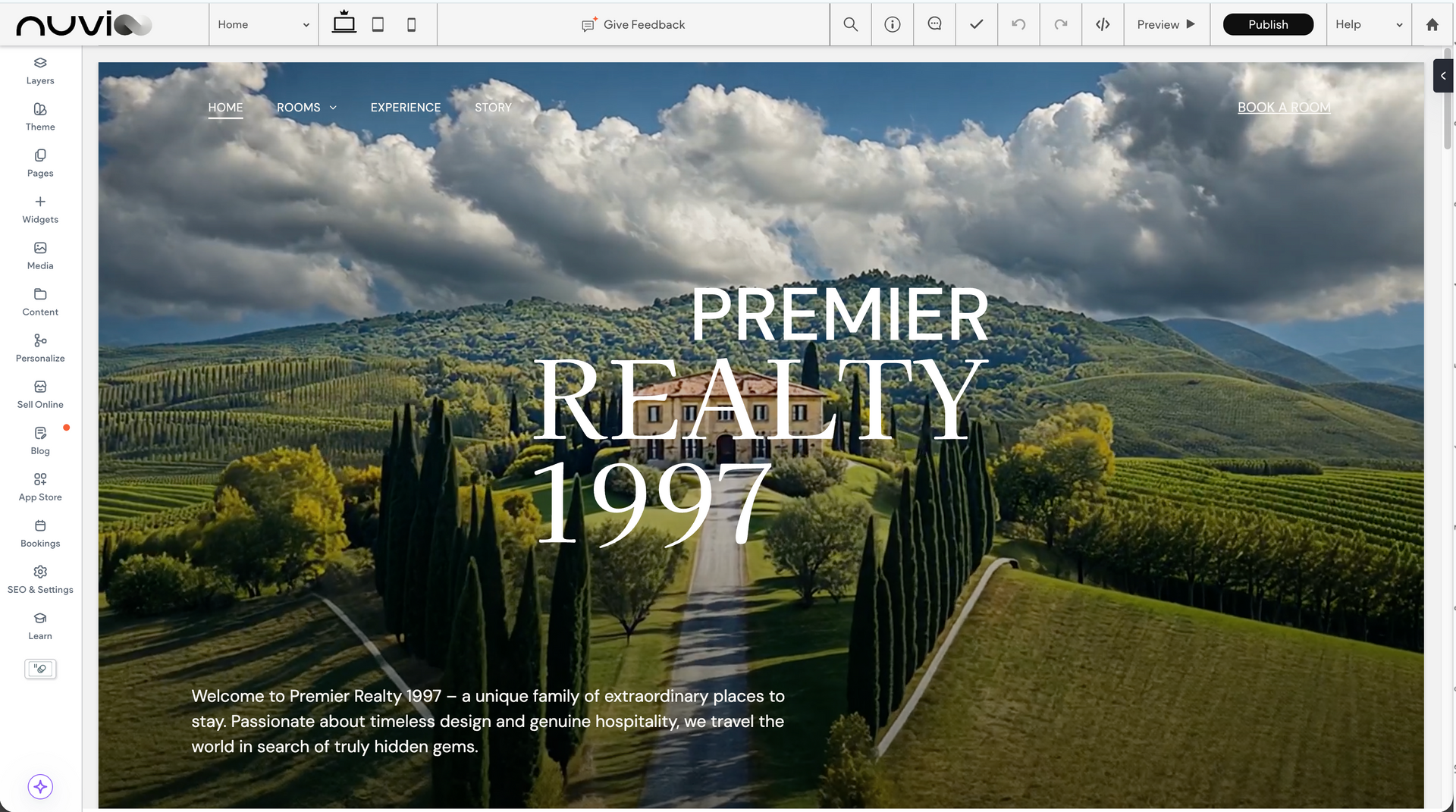 Scenic landscape with Premier Realty branding: a villa nestled among cypress trees.