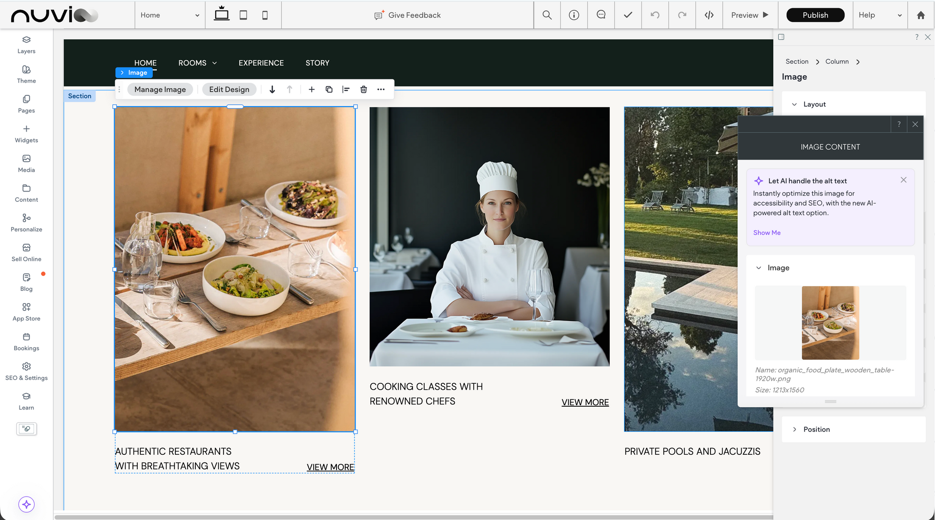 Three photos on a website layout: food dishes on a table, chef at a table, and a water feature.