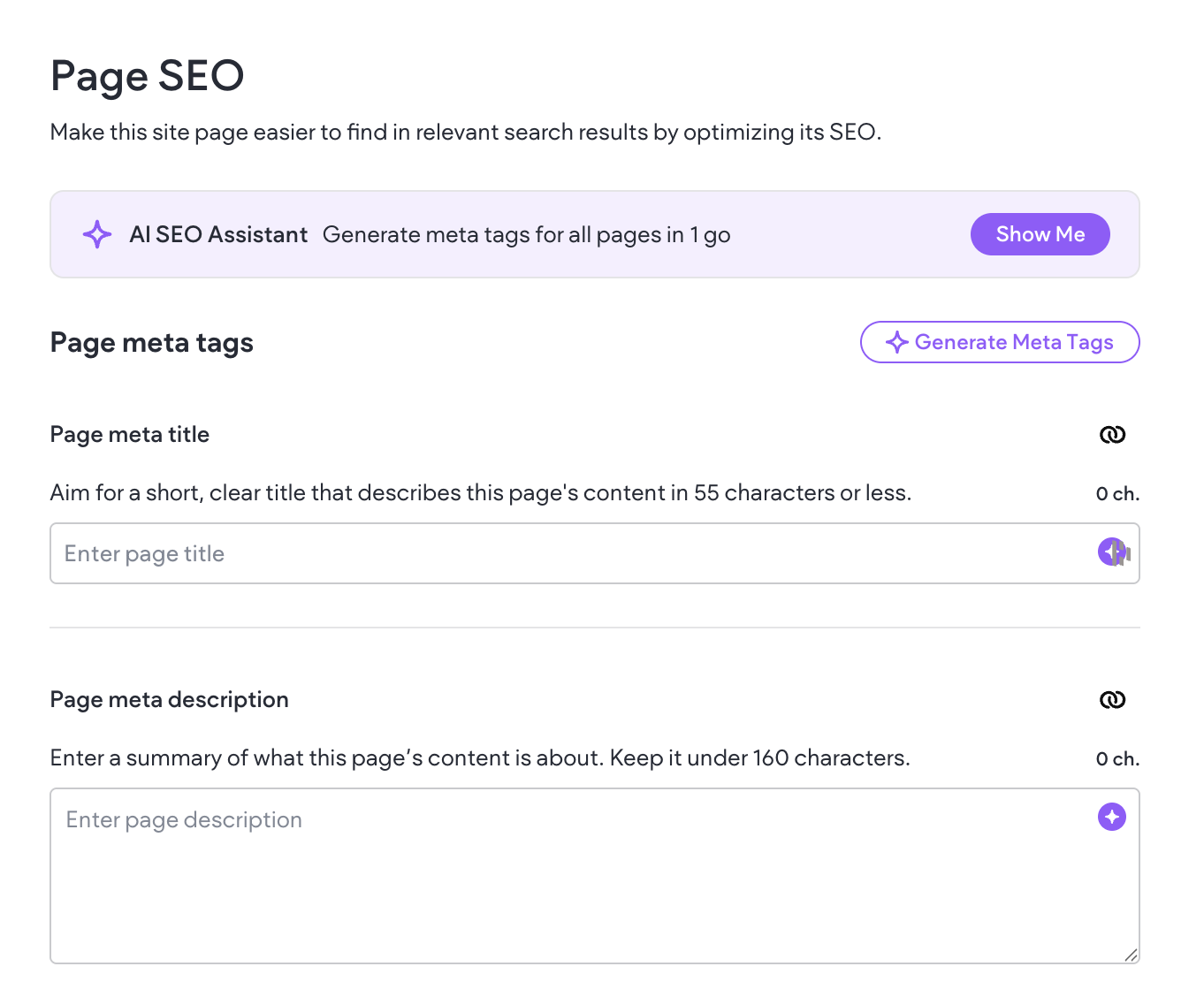 Page SEO tool showing fields for page title and description meta tags.