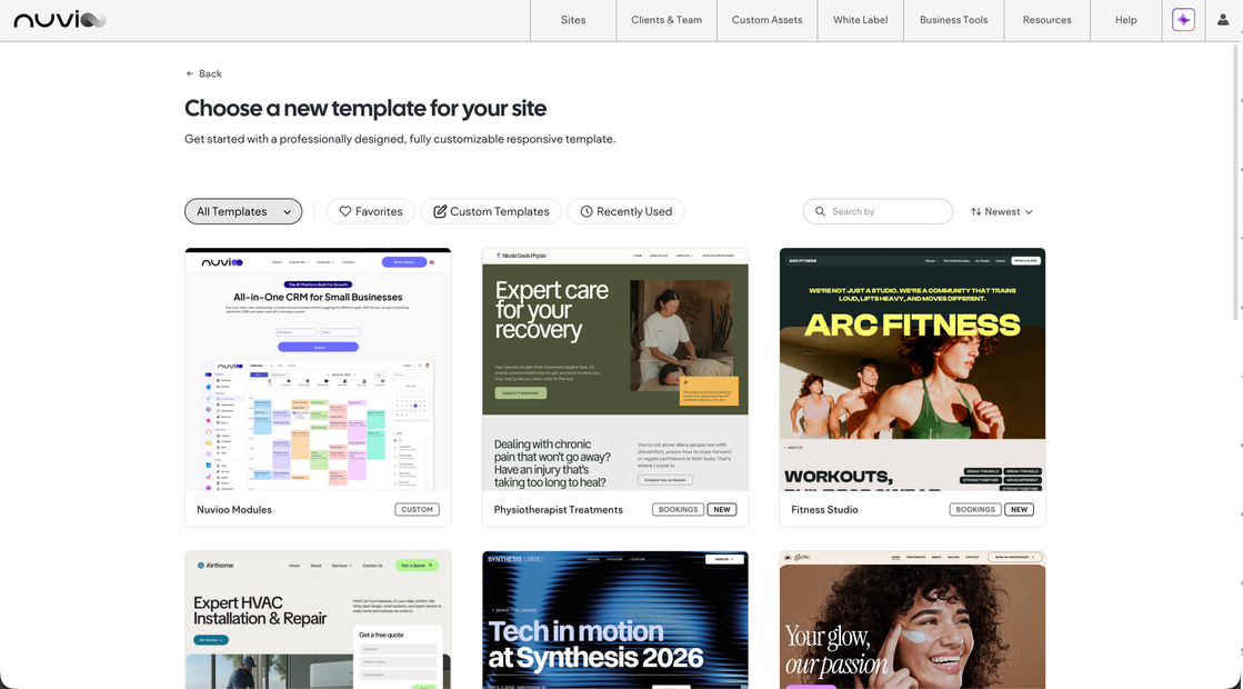 Template selection screen in website builder, showing various website design options.
