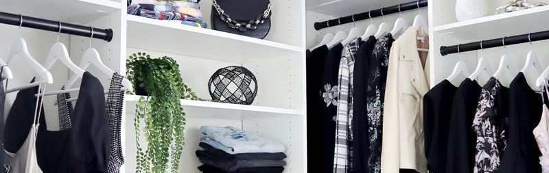 A closet filled with lots of clothes and a plant.