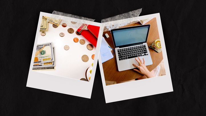 Two polaroid photos: one with cash and coins, the other with a laptop and hands typing.