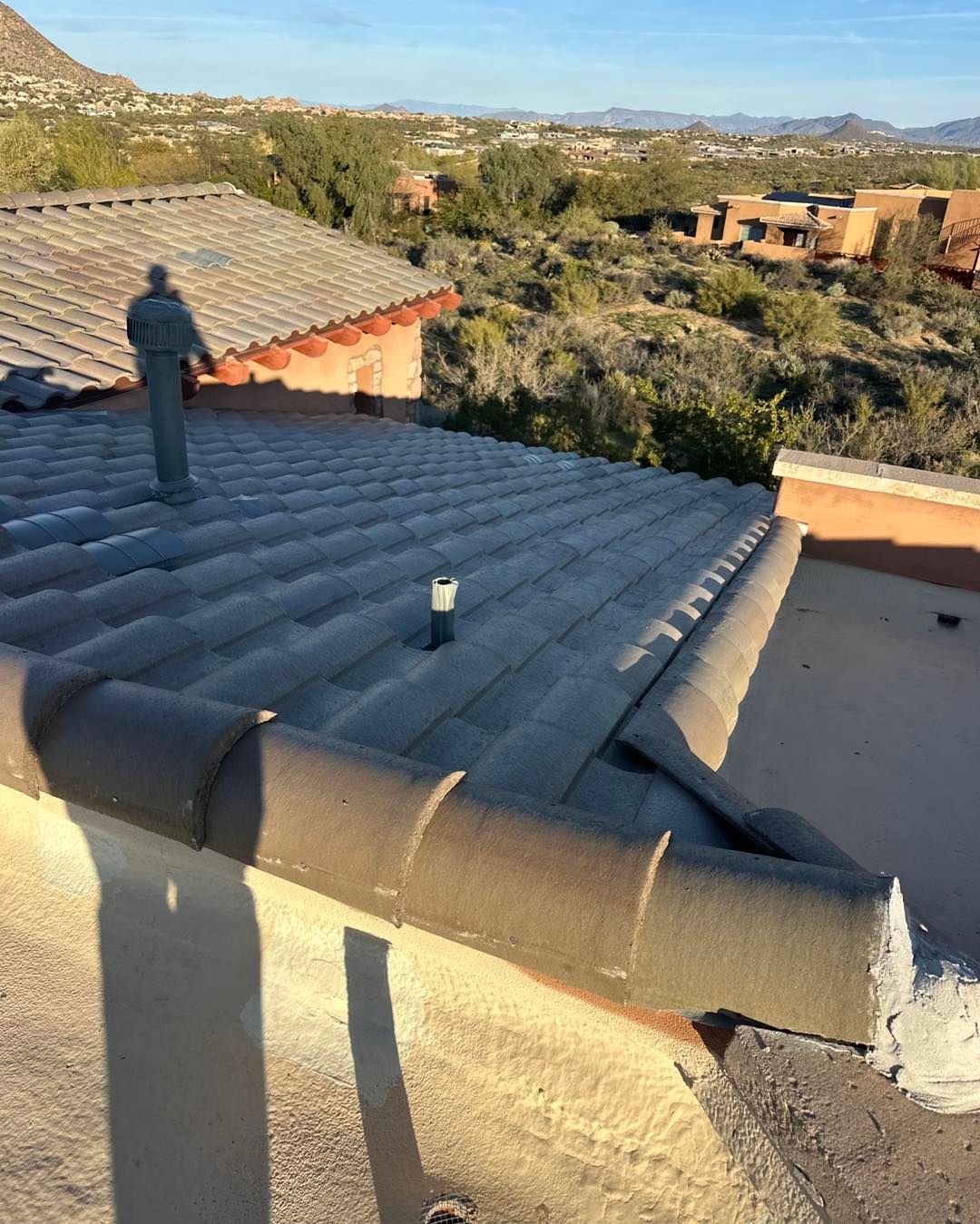 A person standing on a sloped residential tiled roof overlooking a desert landscape.