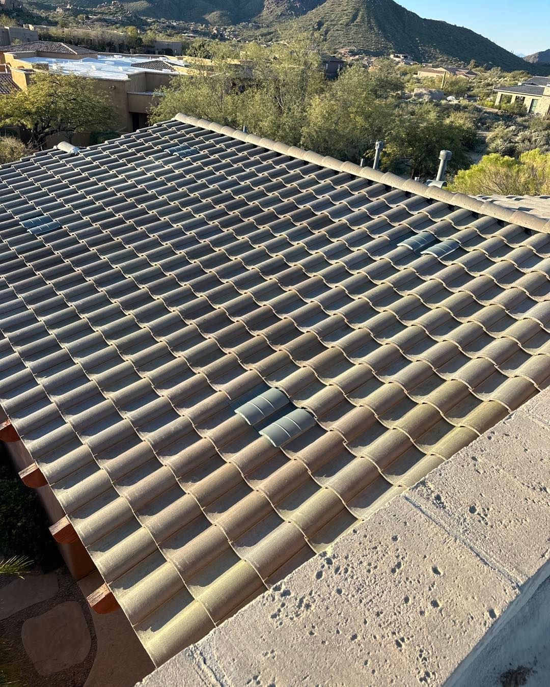 A sloped roof with beige, S-curved tiles featuring two distinct, blue-grey tiles in a desert setting with mountains behind.