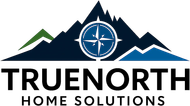 Logo for TrueNorth Home Solutions featuring a dark blue mountain range, a central compass icon, and bold black text.