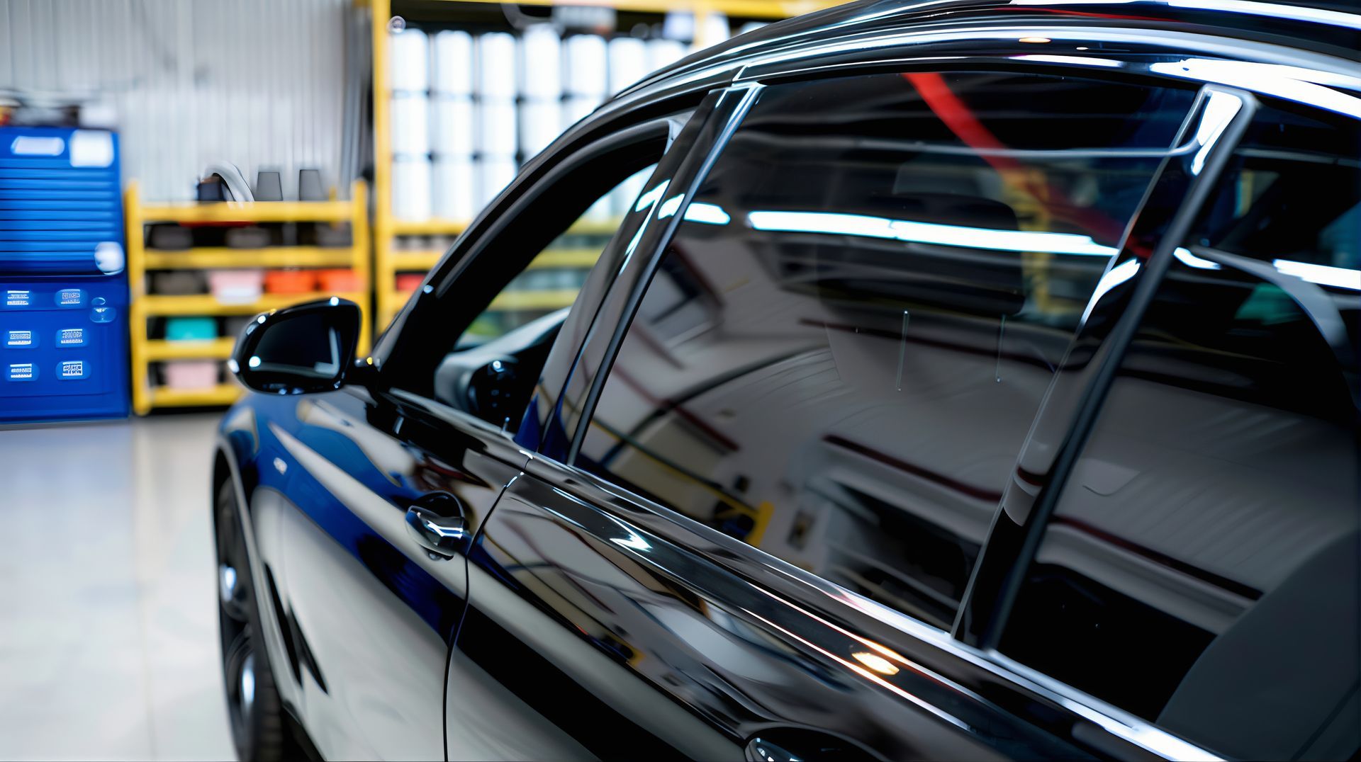 Black car with tinted windows in a garage, reflecting the interior.