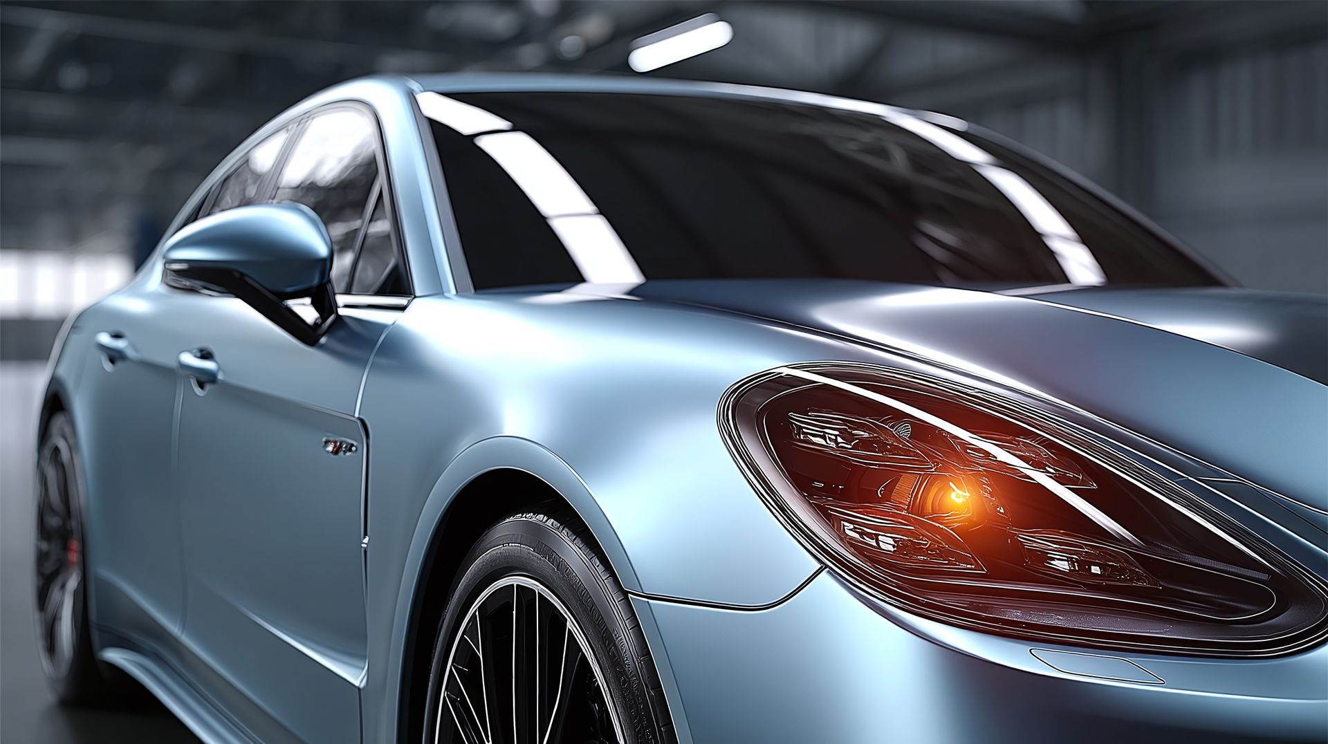 Blue Porsche Panamera in a garage with headlights on.
