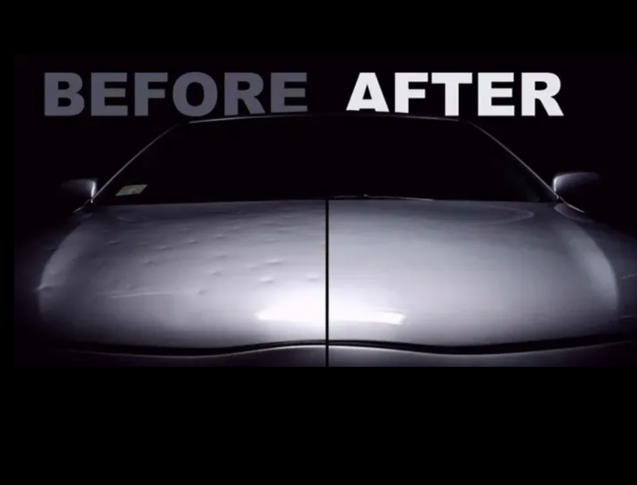 A car's hood is divided vertically, 