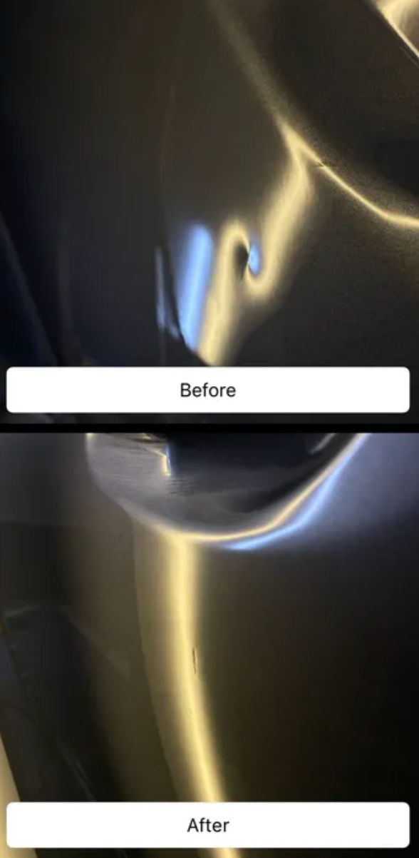 Before and after image of a car dent repair. The after picture shows the smooth, dent-free panel.