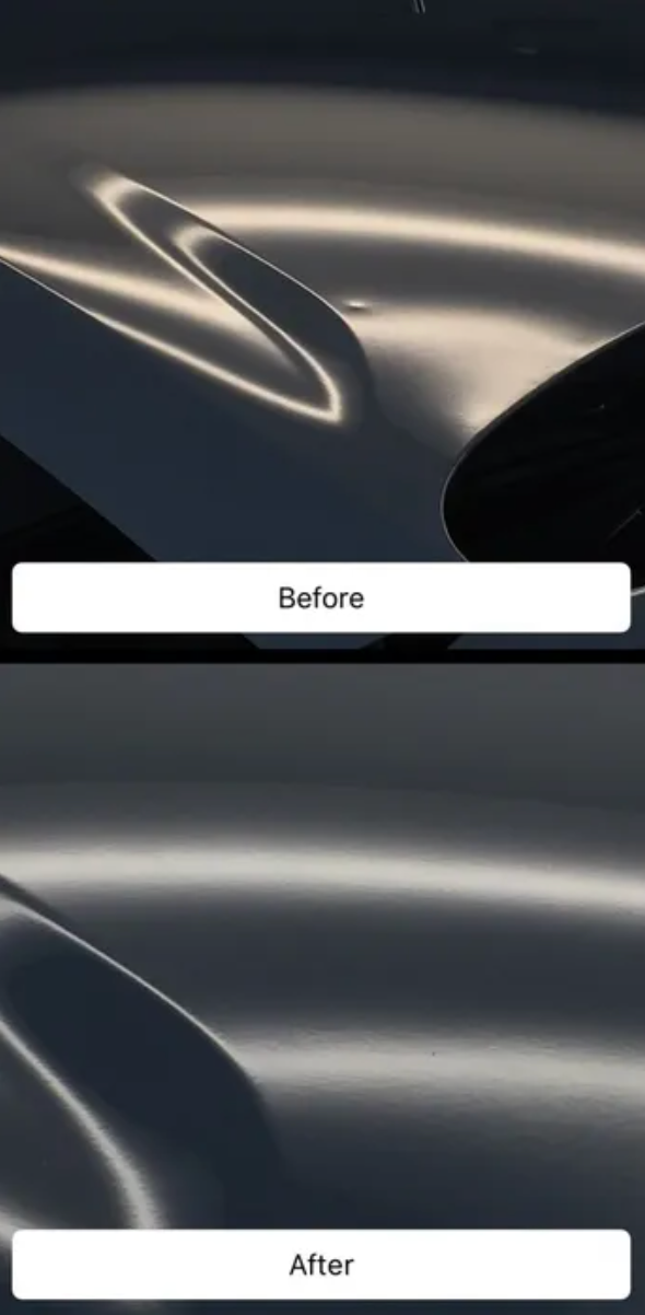 Before and after comparison of a car's surface. A dent has been removed. Shiny, reflective surface.