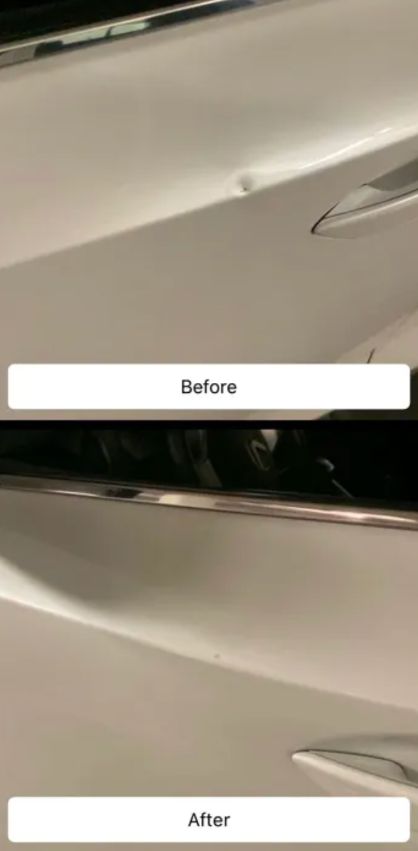 Car dent before and after repair. White car door shows a dent that has been removed.