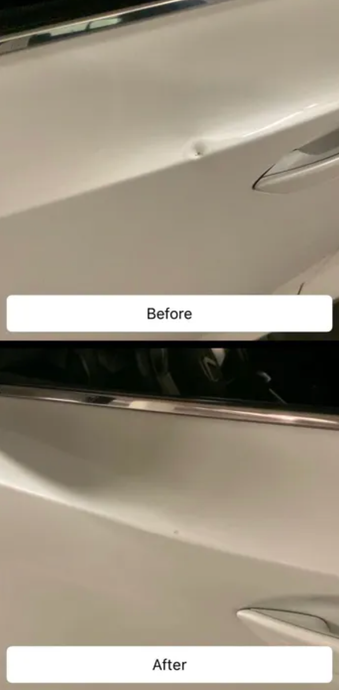 Car dent before and after repair. White car door shows a dent that has been removed.