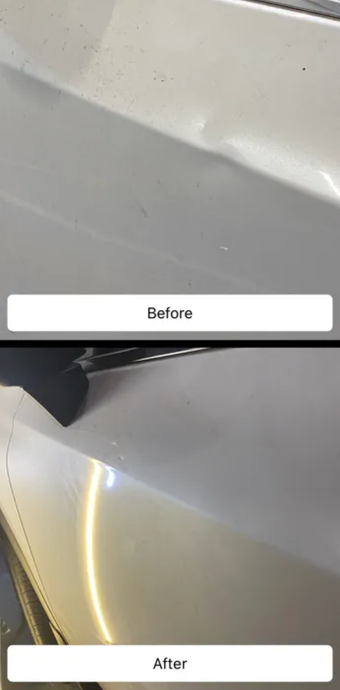 Before and after photos of a car dent repair. The after photo shows a smooth, fixed surface.