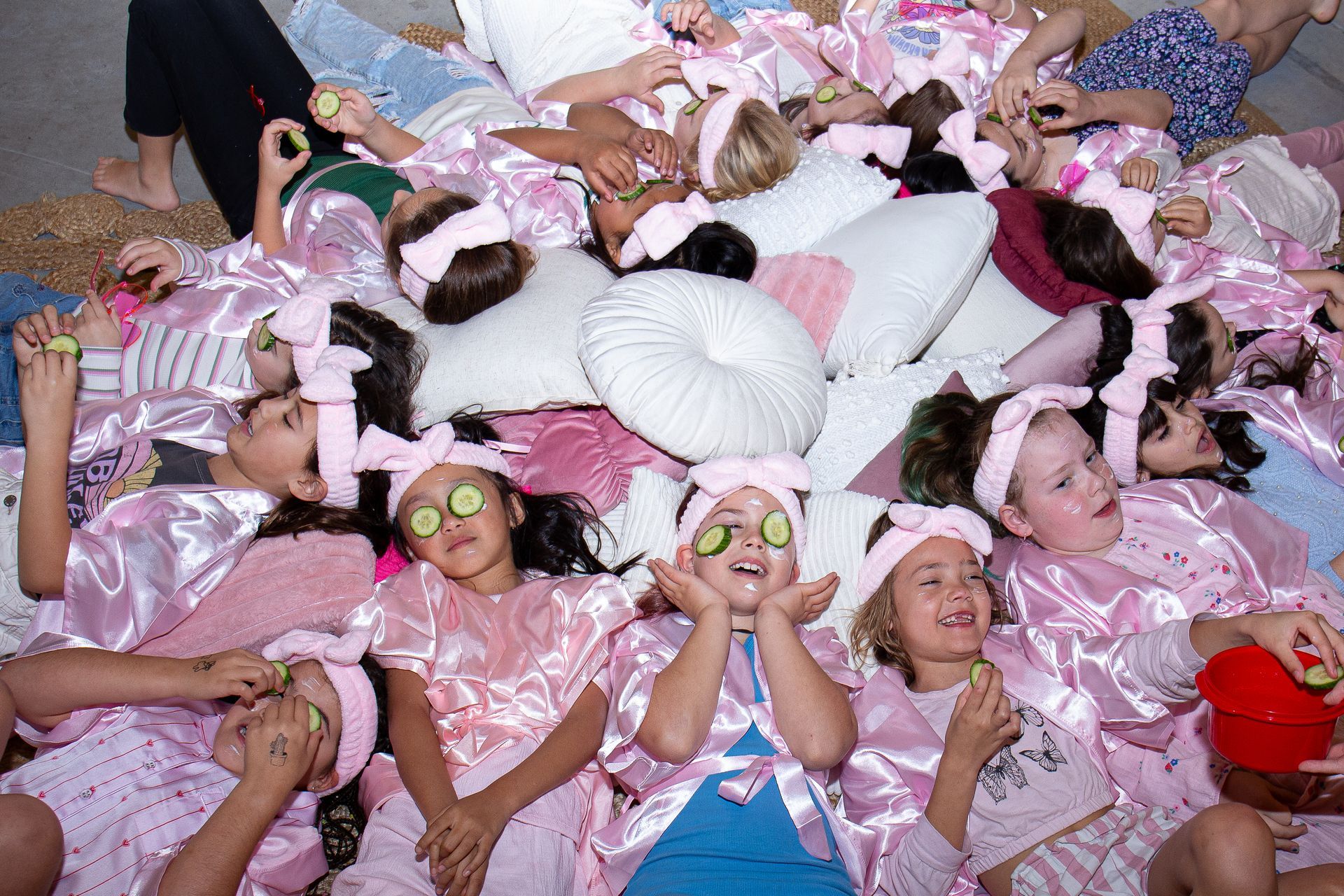 Group of Children in Pink Robes With Cucumber Slices on Their Eyes — Rustique on the Coast In Ourimbah, NSW