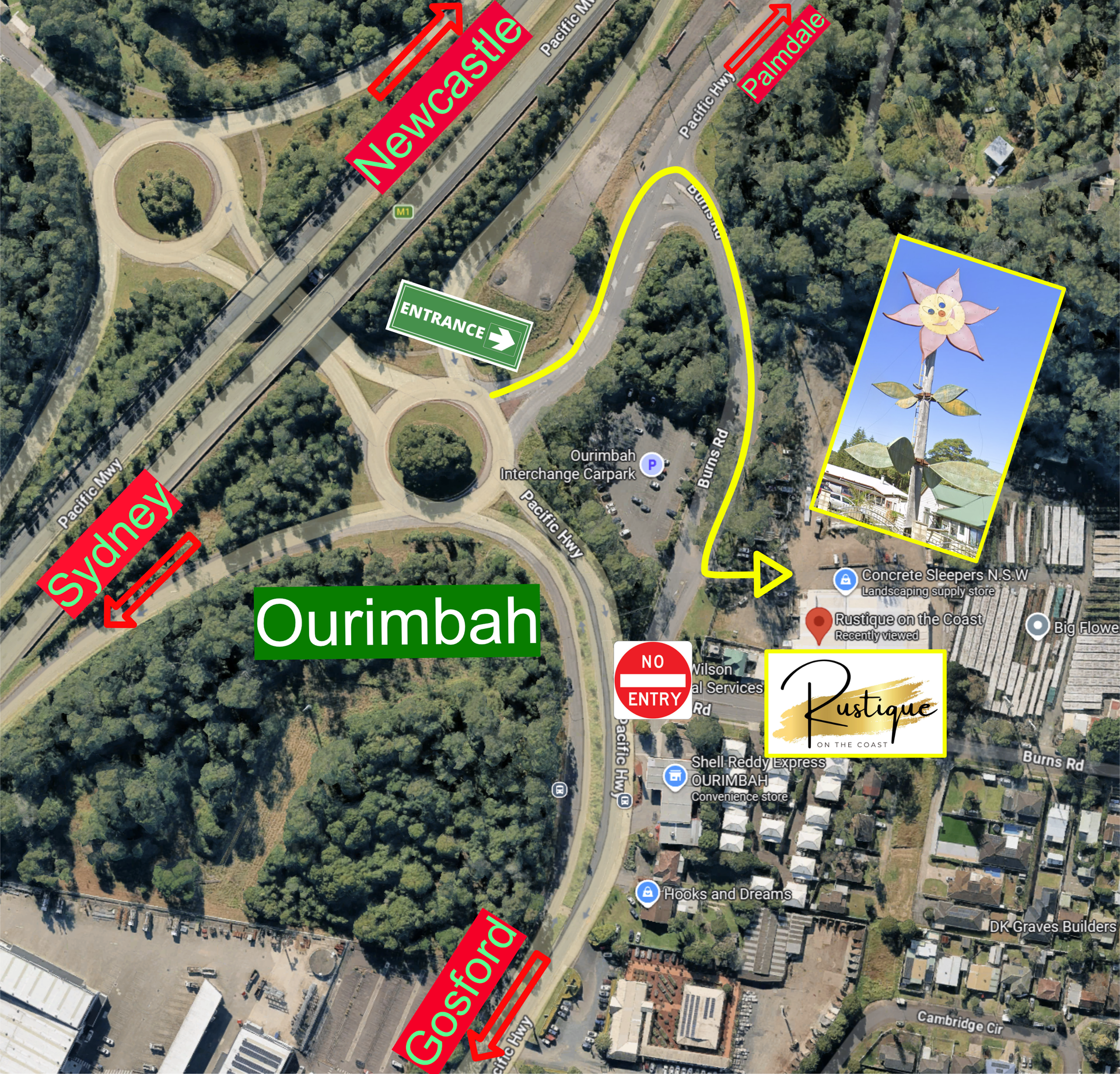 Aerial view of an Ourimbah roundabout with a yellow arrow showing the route to the Rustique cafe and the Big Flower — Rustique on the Coast In Ourimbah, NSW