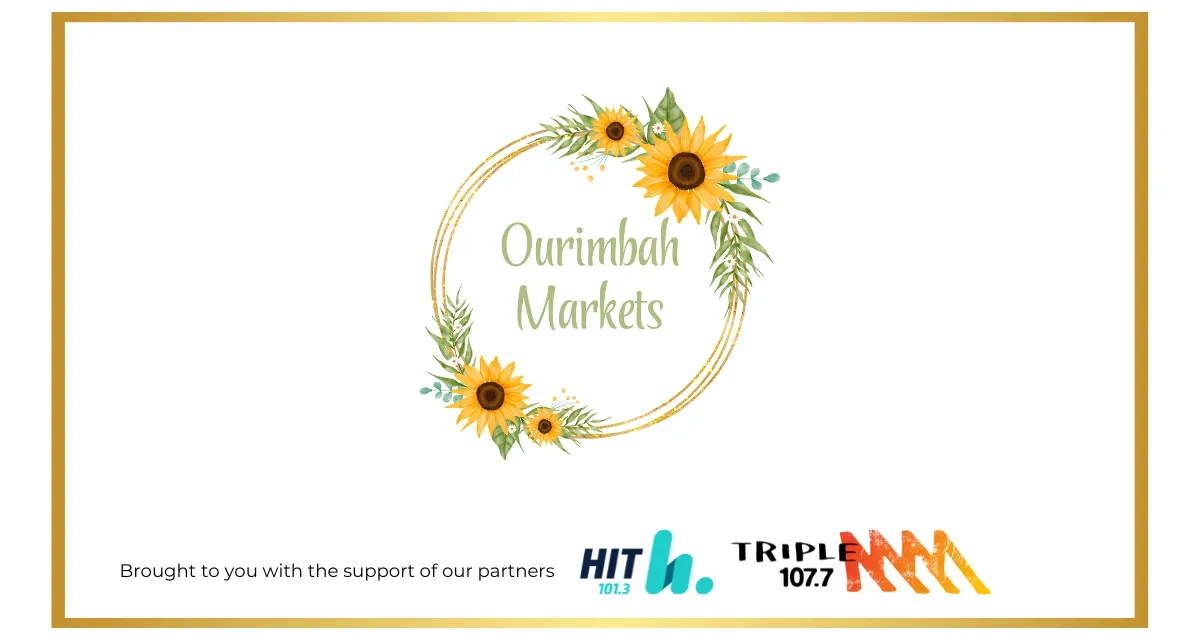 A logo that says Ourimbah Markets with flowers around it and some other logos at the bottom