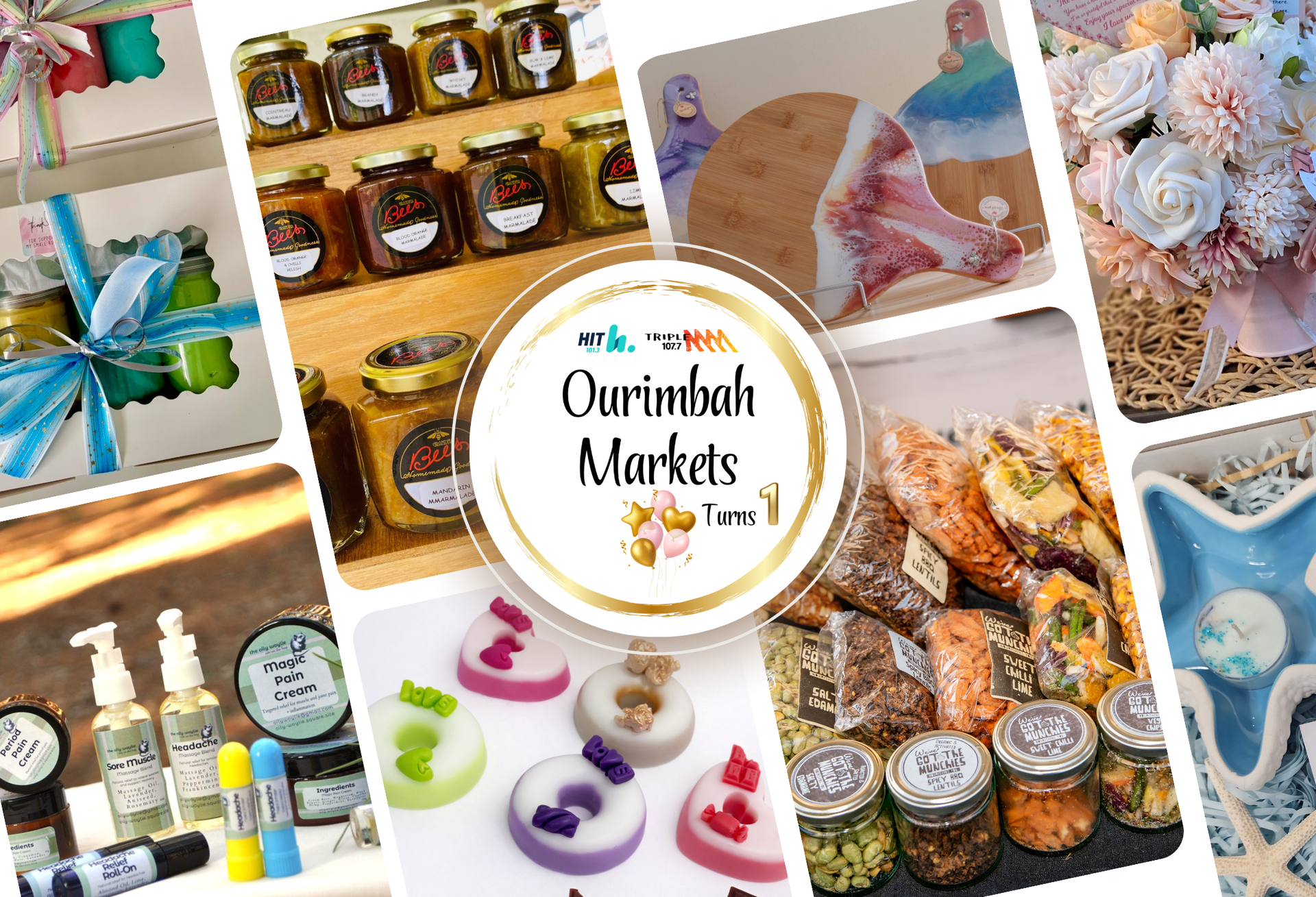 A logo that says Ourimbah Markets with flowers around it and some other logos at the botttom