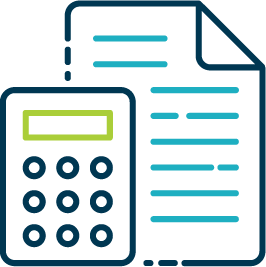 Calculator and document, teal and green.