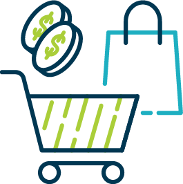 Shopping cart, coins, and a shopping bag, indicating purchase and spending.