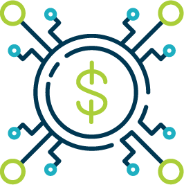 Dollar sign inside a circuit board, representing digital finance.