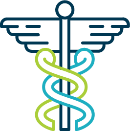 Caduceus symbol, blue and green, representing medicine.