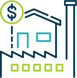 Factory with dollar sign, representing industrial investment.